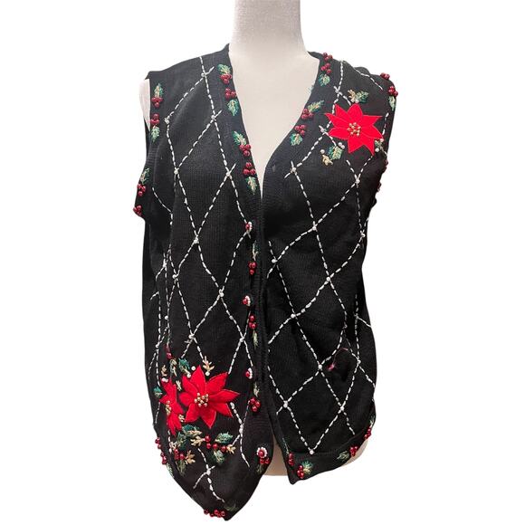 unknown Dresses & Skirts - Vintage Christmas Vest Cardigan Black Red Poinsettia Embroidered Beaded  Vest